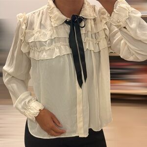Zara Cream Ruffle Blouse with Black Ribbon Tie